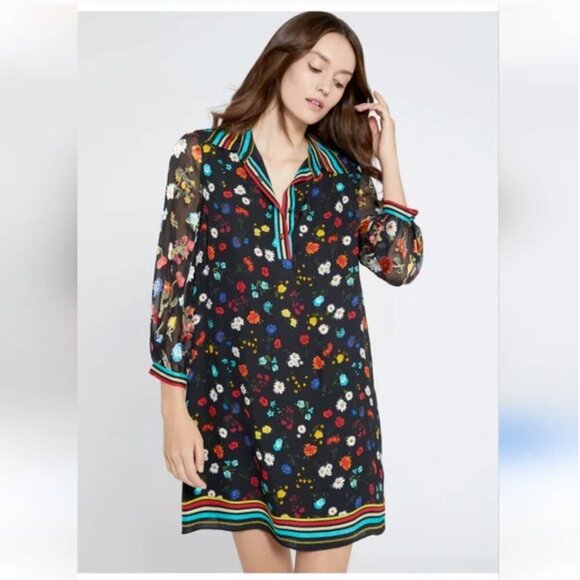 Alice & Olivia Lalita Dress Collared Blouson Botanical Ditsy Floral Black Small - Picture 1 of 10